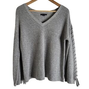 Gray V-Neck Sweater with Side Tie Detail